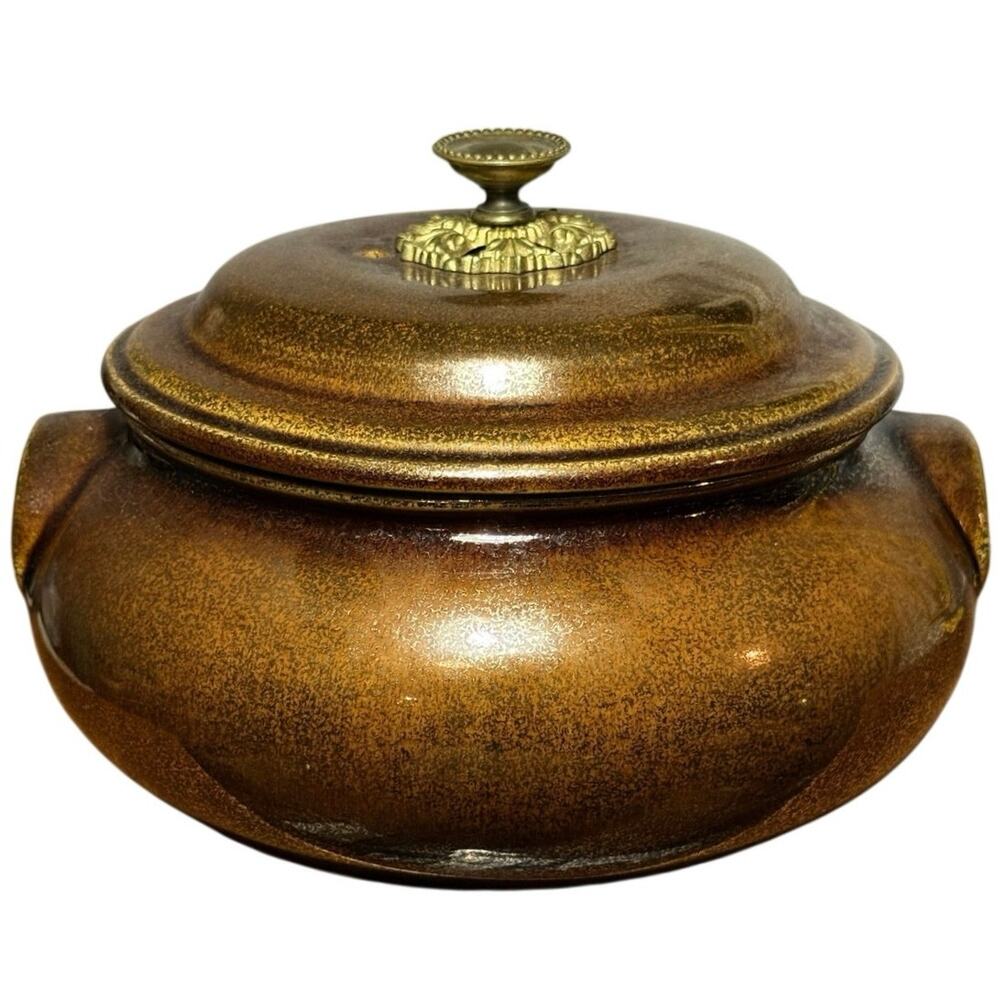 Vintage Georges Briard Signed 2qt Covered Casserole Dish Brown Gold Speckle USA